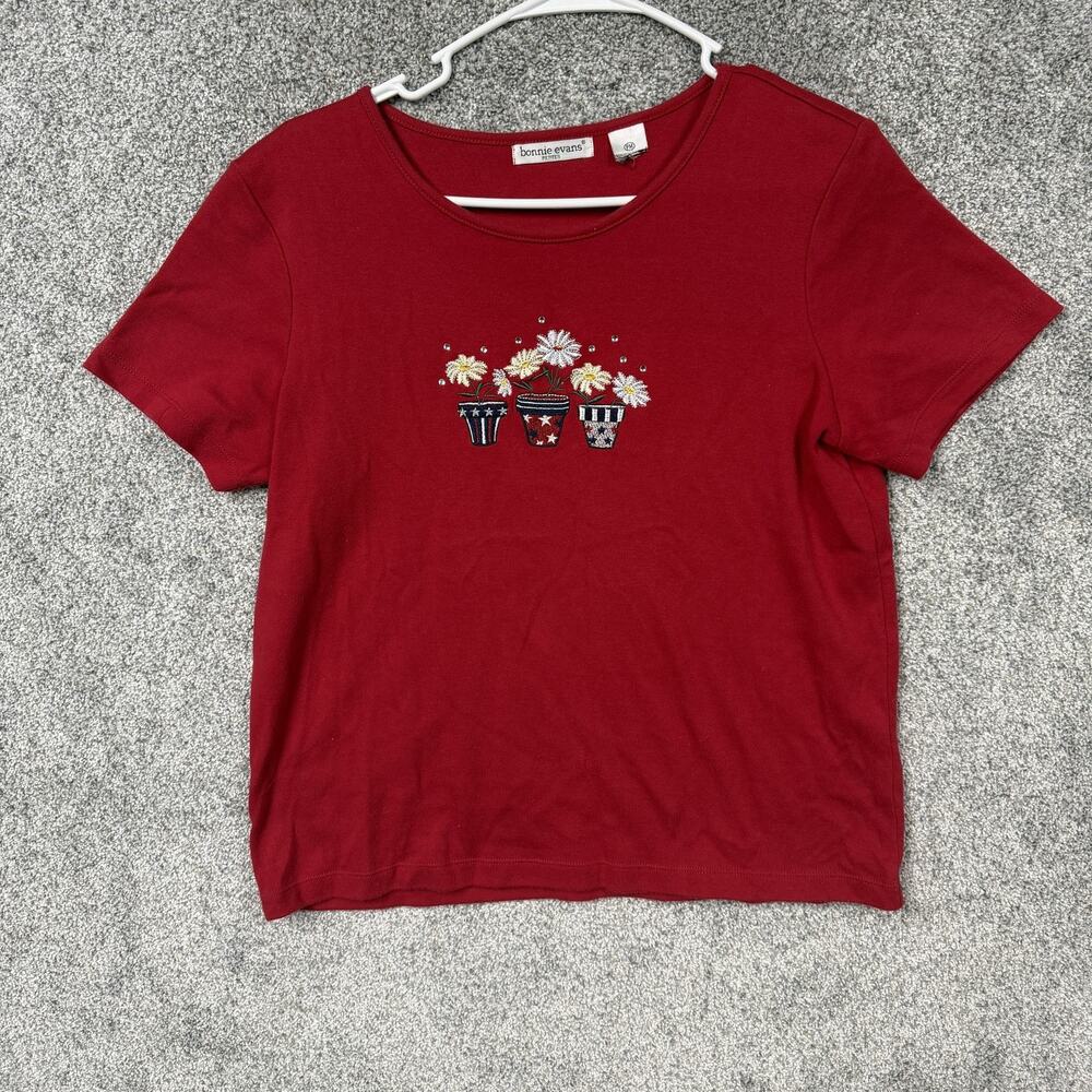Bonnie Evans Tee Shirt Womens PM Petite Red Embroidered USA Patriotic Floral